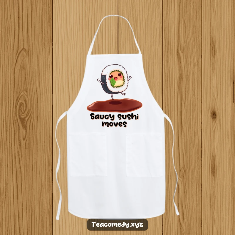 Funny apron with a cheerful sushi roll dancing on a soy sauce puddle, cartoon kitchen wear.