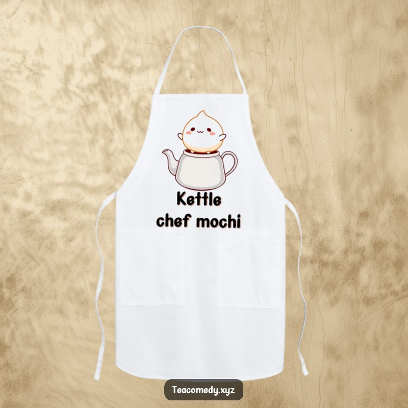 Funny mochi apron with a cheerful mochi ball character happily bouncing on a steaming tea kettle spout, perfect for a happy cook.
