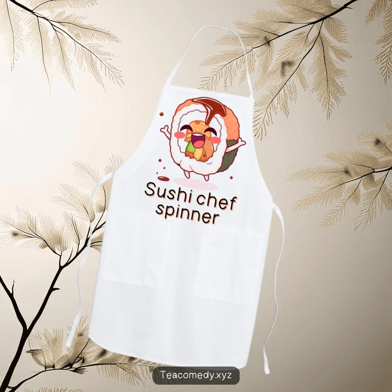 Funny sushi roll apron with a giggling sushi roll character doing a joyful spin with a soy sauce drizzle, perfect for a playful cook.