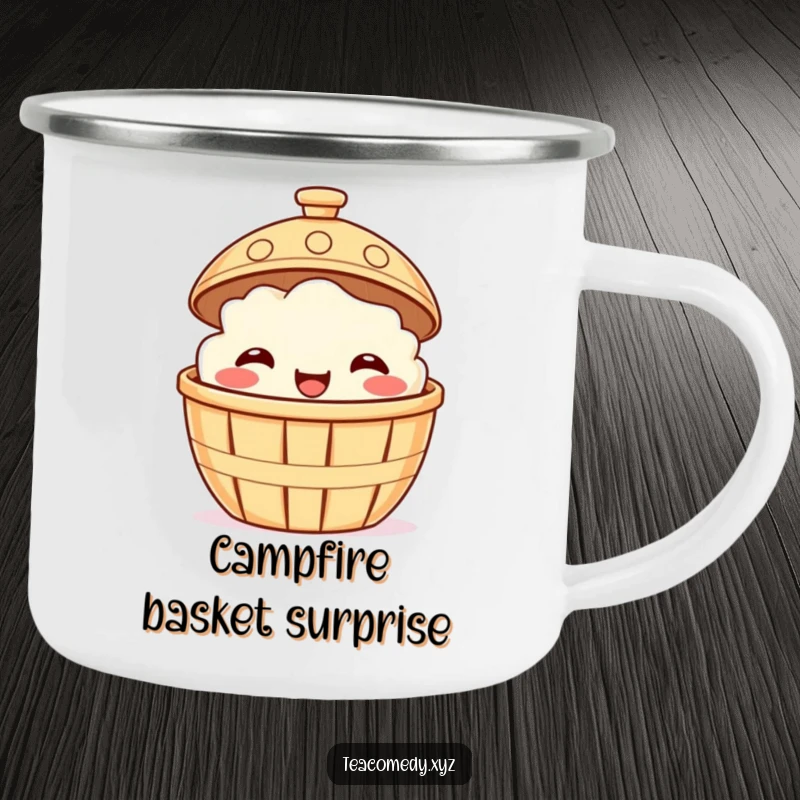 Funny enamel camping mug featuring a smiling dim sum basket peeking from under a steaming lid, cartoon style.