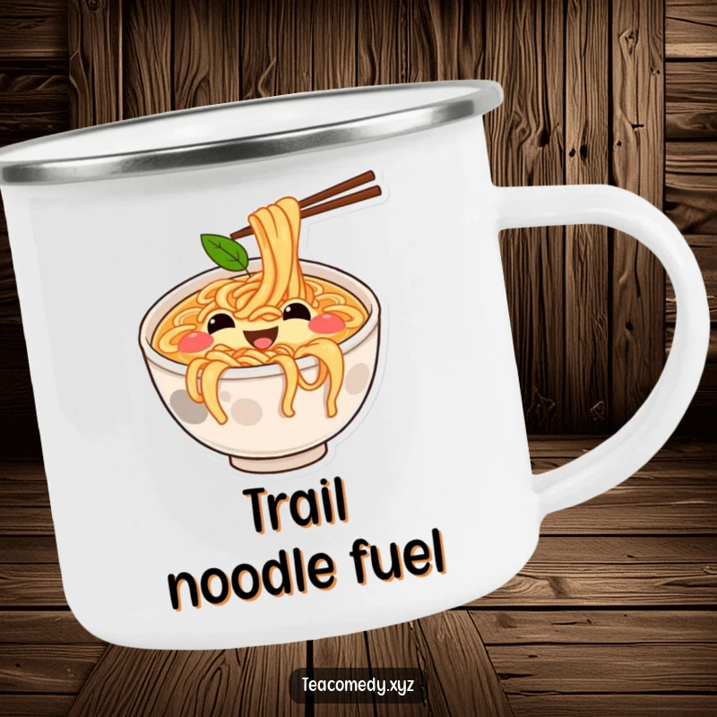 Funny enamel camping mug featuring a joyful ramen bowl bouncing on noodles, cartoon style for outdoor meals.