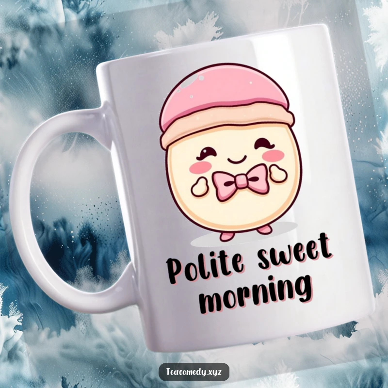 Funny macaron mug with a tiny bowtie, performing a cheerful curtsey, embodying dapper and sweet charm.