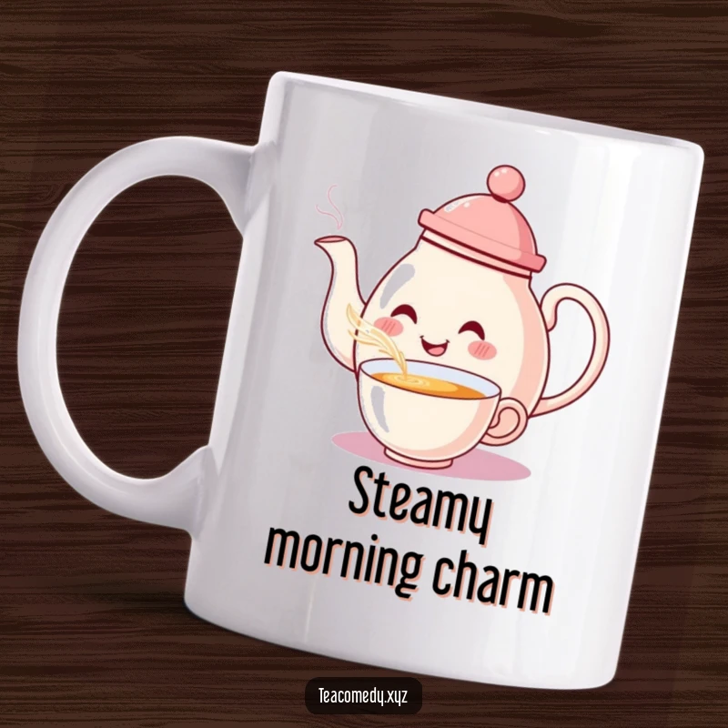 Funny Teapot Mug: A smiling teapot wearing a hat, elegantly pouring steaming tea with a cheerful flourish.