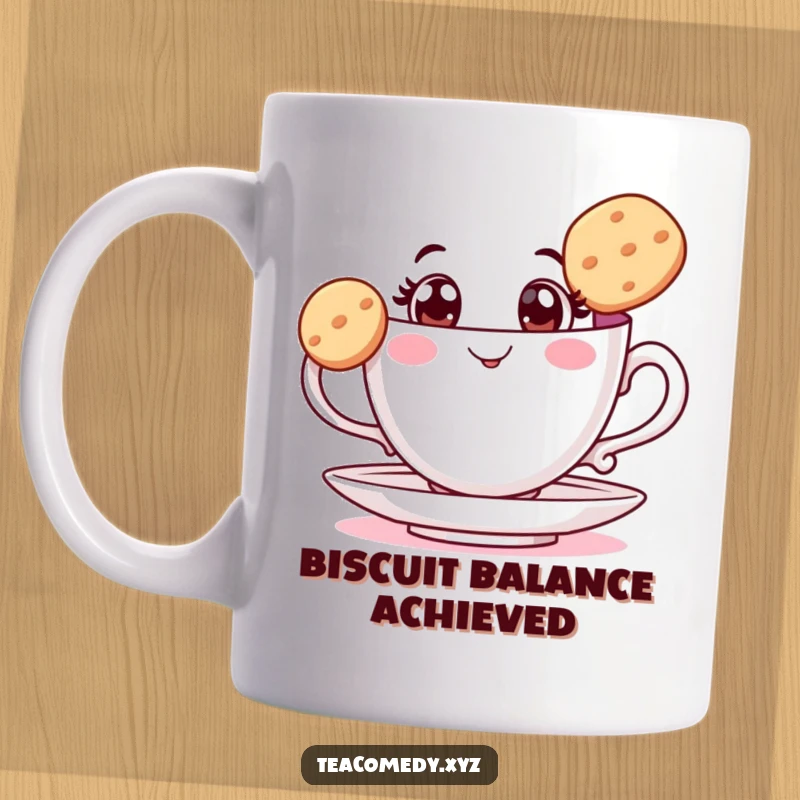 Funny teacup mug with wide eyes, precariously balancing a biscuit on its rim, a charming and humorous depiction.