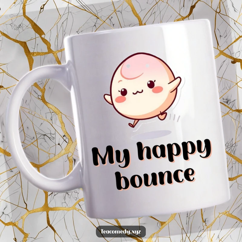Funny Mochi Mug featuring a cute, happy mochi character energetically bouncing and leaving a subtle, playful trail of joy.