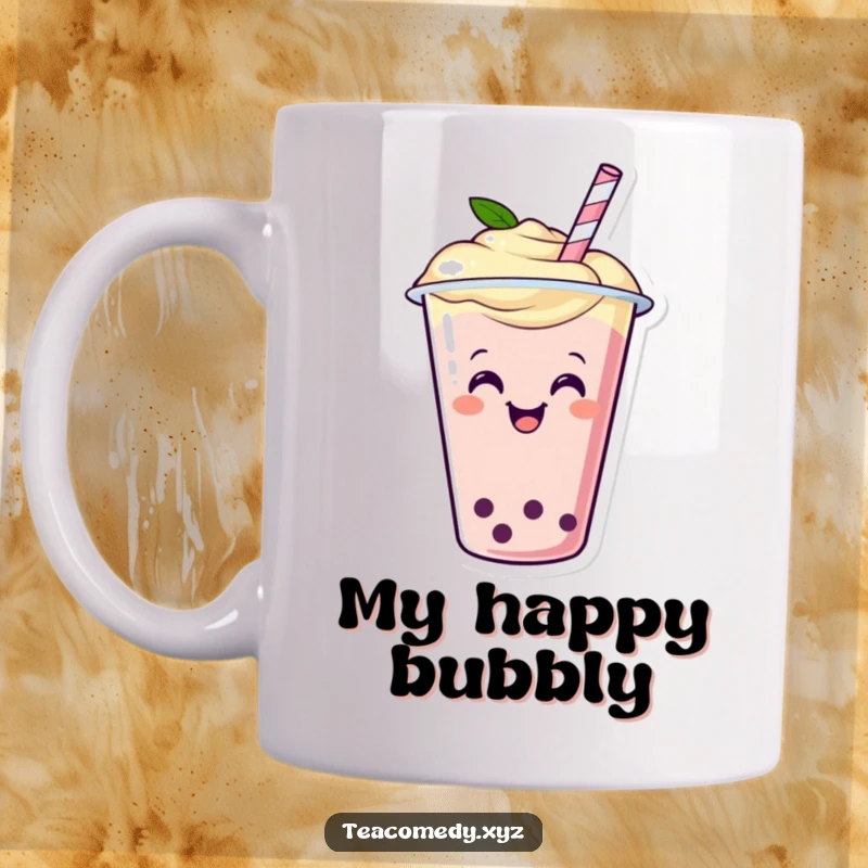 Funny happy boba tea cup with a straw wiggling with pure glee, a cheerful cartoon character illustration.