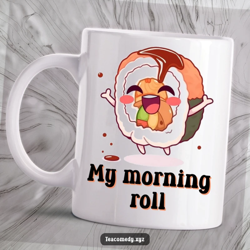 Funny sushi roll mug featuring a giggling sushi roll character doing a joyful spin with a soy sauce drizzle, radiating pure fun.