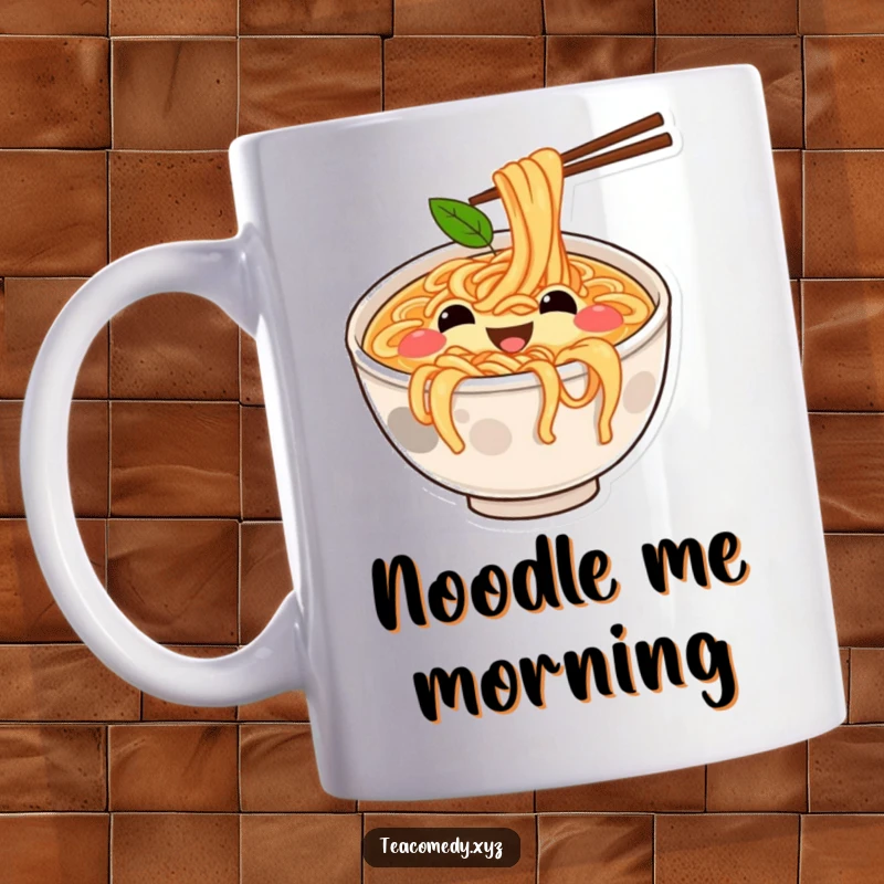 Funny ramen bowl with simple eyes and mouth joyfully bouncing on springy noodles, a cute and comical food character.