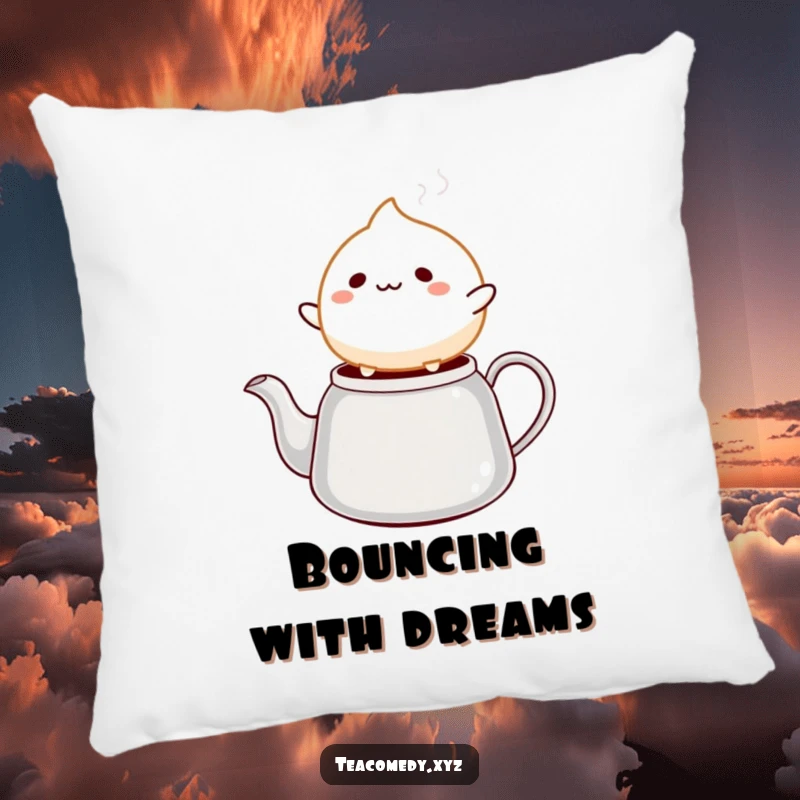 Funny mochi pillow featuring a cheerful mochi ball character bouncing on a steaming tea kettle spout, offering soft comfort.