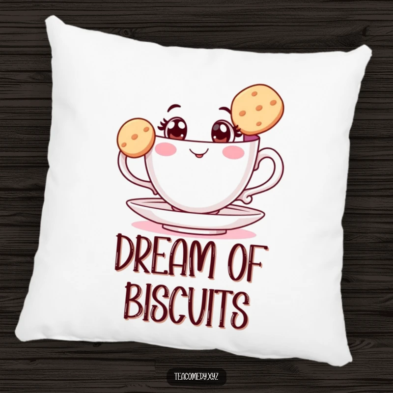 Funny teacup pillow with wide eyes balancing a biscuit, a soft and charming decorative pillow for adding humor.