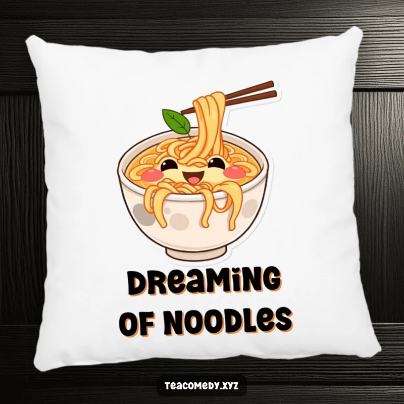 Funny pillow featuring a joyful ramen bowl with simple eyes and mouth bouncing on noodles, soft cartoon comfort.