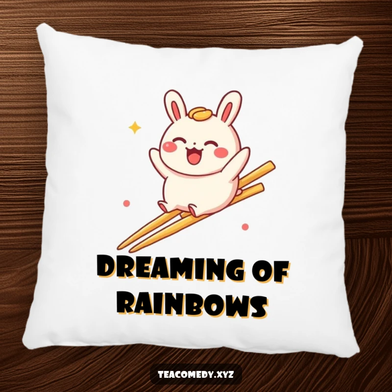 Funny bao bun pillow featuring a delighted bao bun character sliding down a rainbow made of chopsticks, offering soft comfort.