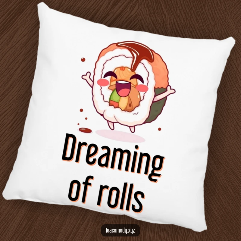 Funny sushi pillow featuring a giggling sushi roll character spinning joyfully with a soy sauce drizzle, offering soft comfort.
