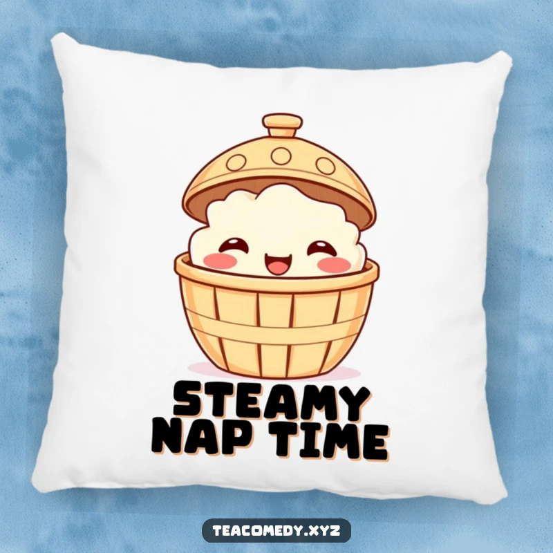 Funny pillow featuring a smiling dim sum basket peeking from under a steaming lid, soft cartoon comfort.
