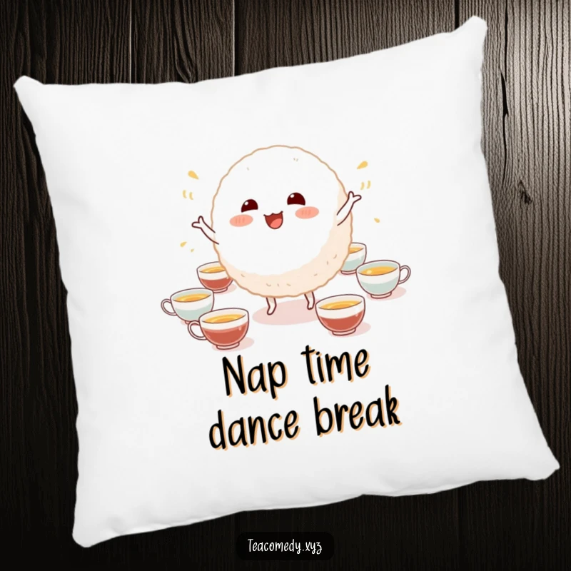 Funny pillow showcasing a happy rice ball character in a silly dance pose amidst tiny teacups, offering both comfort and humor.