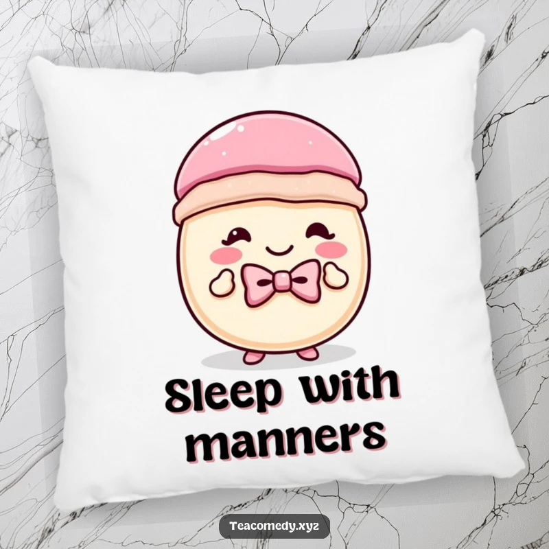 Funny macaron pillow with a tiny bowtie doing a cheerful curtsey, a soft and decorative pillow for adding charm and humor.