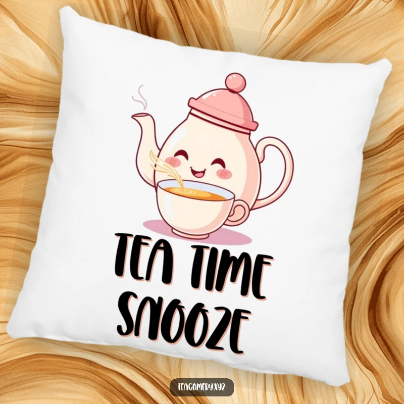 Funny Teapot Pillow: A smiling teapot with a hat pouring tea with a flourish, soft and comforting.