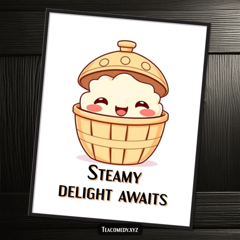 Funny digital art print of a smiling dim sum basket peeking from under a steaming lid, cartoon food illustration.