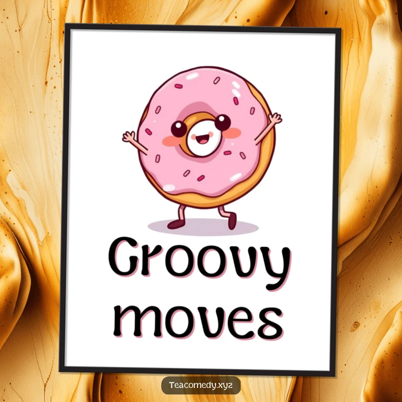 Funny donut digital art print of a small-legged pastry salsa dancing, offering a vibrant and humorous visual for wall decor.