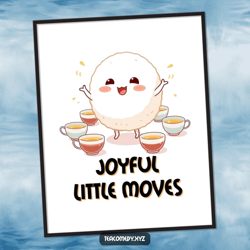 Funny digital art print of a happy, dancing rice ball character surrounded by small tea cups, ready to be downloaded and displayed.