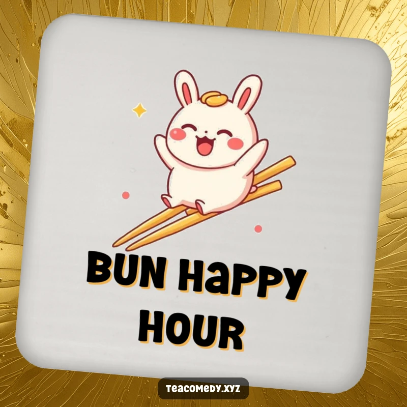 Funny bao bun drink coaster featuring a delighted bao bun character sliding down a rainbow made of chopsticks, protecting your surfaces.