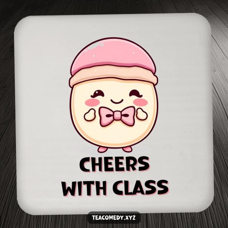 Funny macaron coaster featuring a pastry in a tiny bowtie, doing a curtsey, a functional and humorous accessory for drink protection.