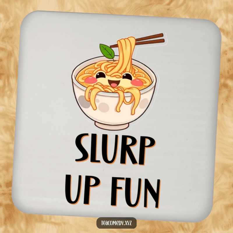 Funny coaster featuring a joyful ramen bowl bouncing on noodles, cartoon protection for drink surfaces.