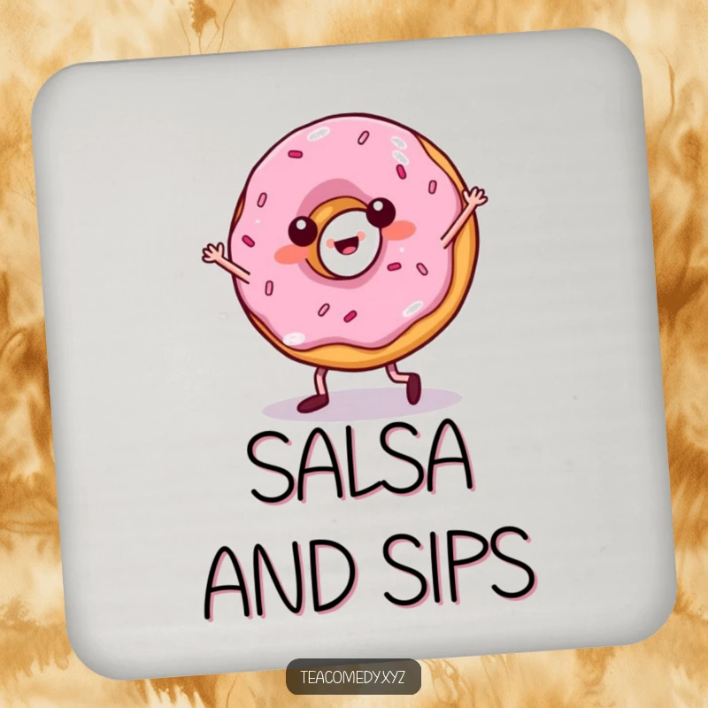 Funny donut coaster featuring a pastry with legs salsa dancing, a functional and humorous addition to protect drink surfaces.