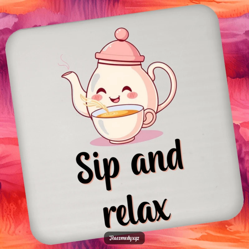 Funny Teapot Coaster: A smiling teapot with a hat pouring tea with a flourish, protecting surfaces with grace.