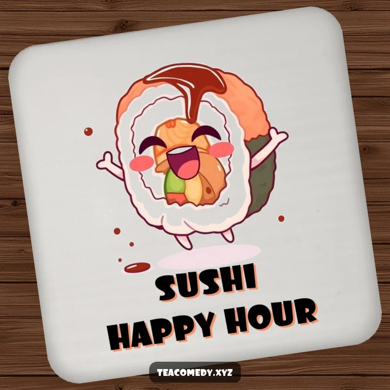Funny sushi roll drink coaster featuring a giggling sushi roll character spinning joyfully with a soy sauce drizzle, protecting your surfaces.