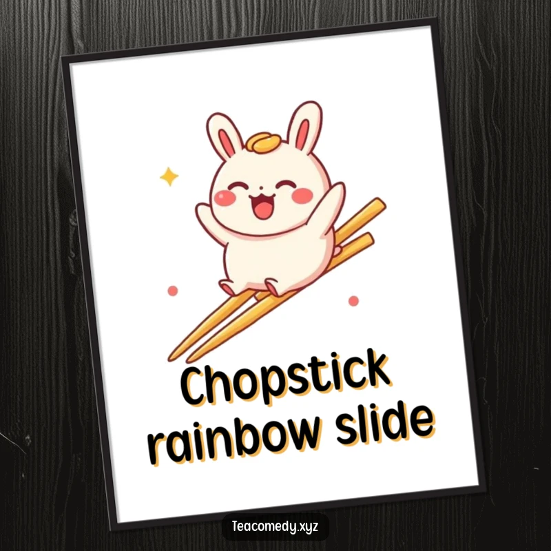 Funny bao bun poster depicting a delighted bao bun character playfully sliding down a rainbow made of chopsticks, bringing vibrant energy.