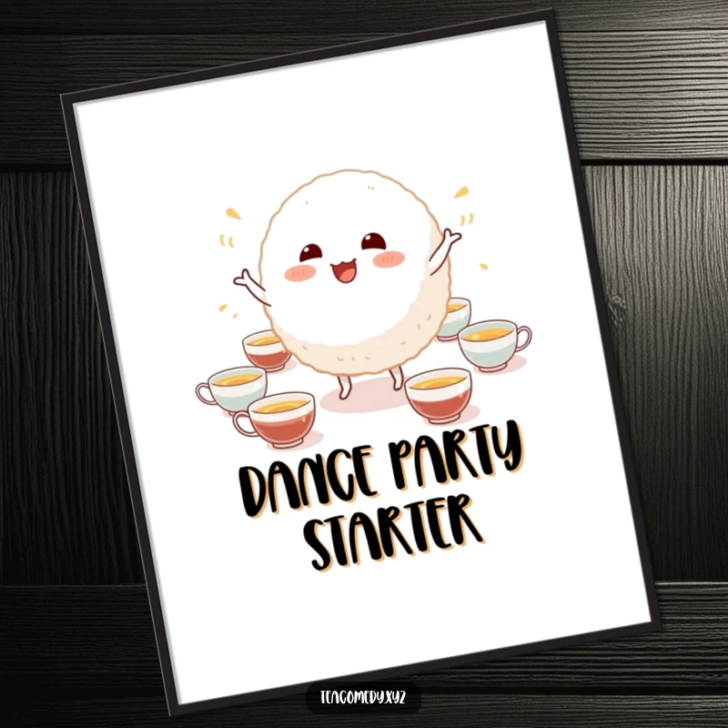Funny poster depicting a jubilant rice ball character performing a quirky dance with a backdrop of miniature tea cups, creating a whimsical scene.
