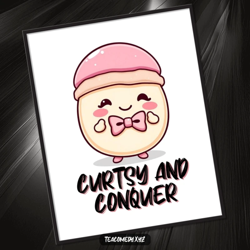 Funny macaron poster depicting a happy pastry wearing a tiny bowtie, performing a curtsey, adding a touch of elegance and humor.