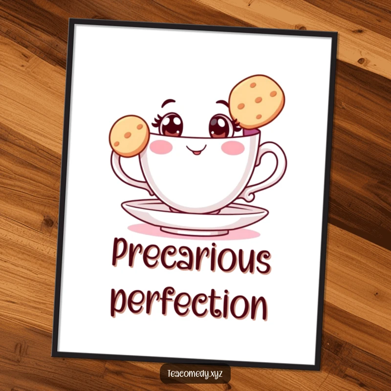 Funny teacup poster featuring a wide-eyed cup balancing a biscuit, creating a delicate and humorous piece of wall art.