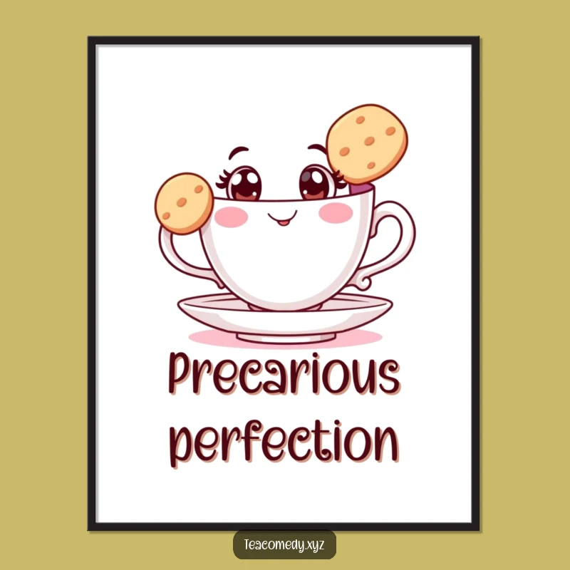 Funny Teacup Biscuit Balance Poster: Delicate Art, Hilarious Wall Decor