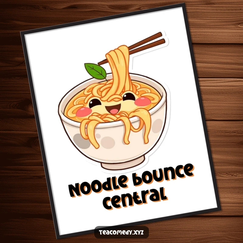 Funny poster art of a joyful ramen bowl with simple eyes and mouth bouncing on springy noodles, a cheerful food illustration.