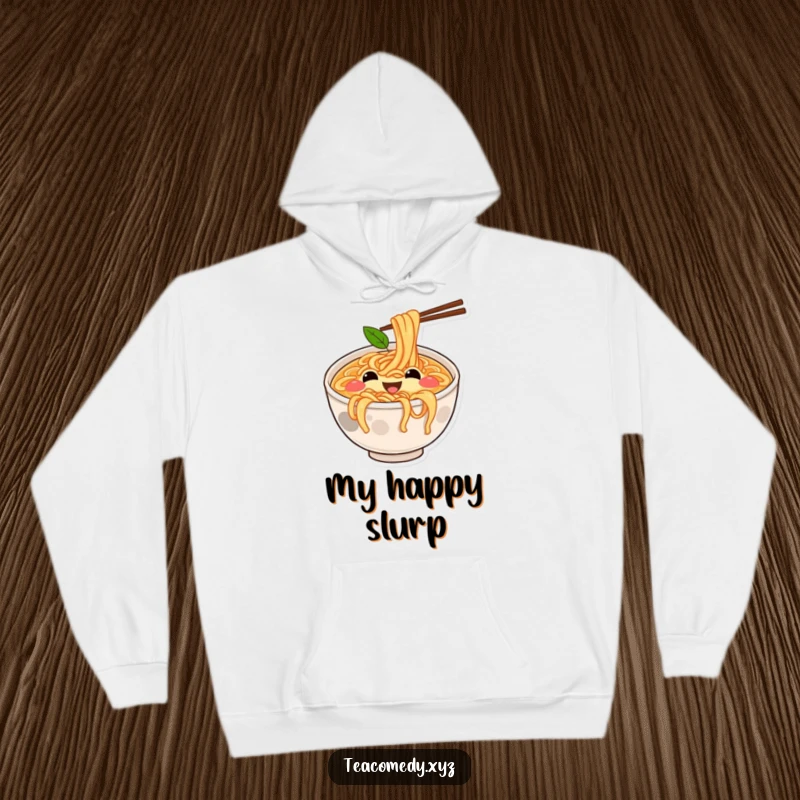 Funny hoodie with a joyful ramen bowl character with simple eyes and mouth bouncing on springy noodles, warm and cute.