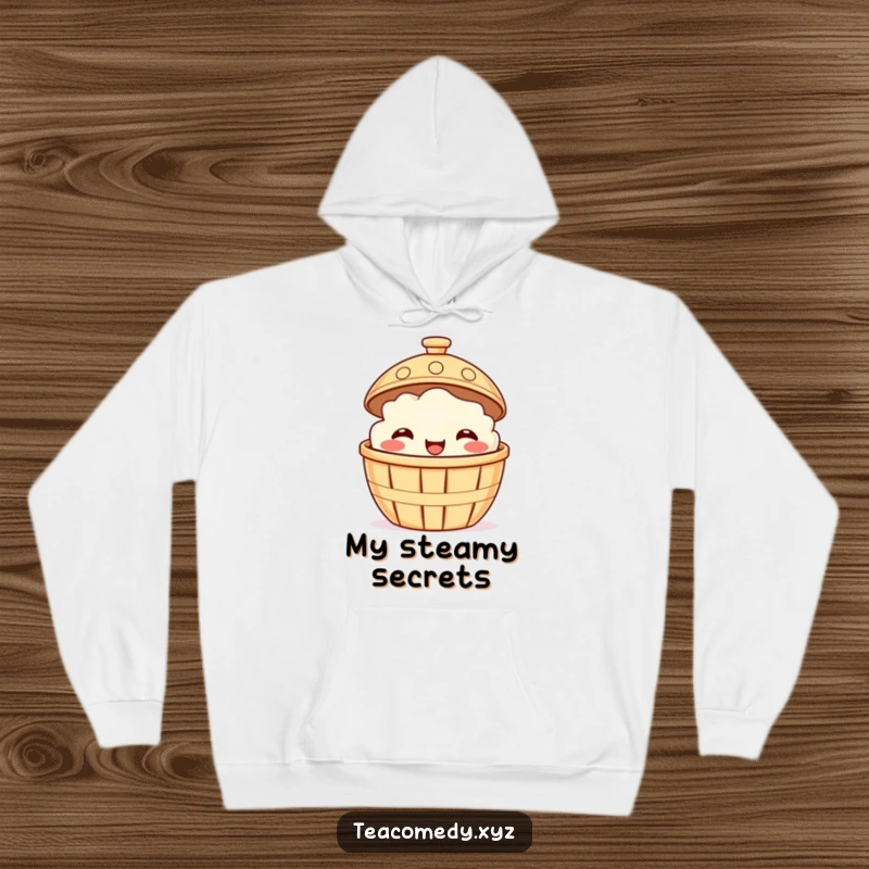 Funny hoodie with a smiling dim sum basket peeking from under a steaming lid, cozy cartoon character.