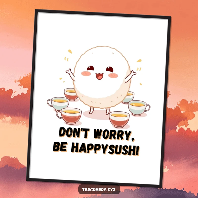Funny Free Printable Wall Art: A happy rice ball character performs an energetic silly dance surrounded by miniature tea cups.
