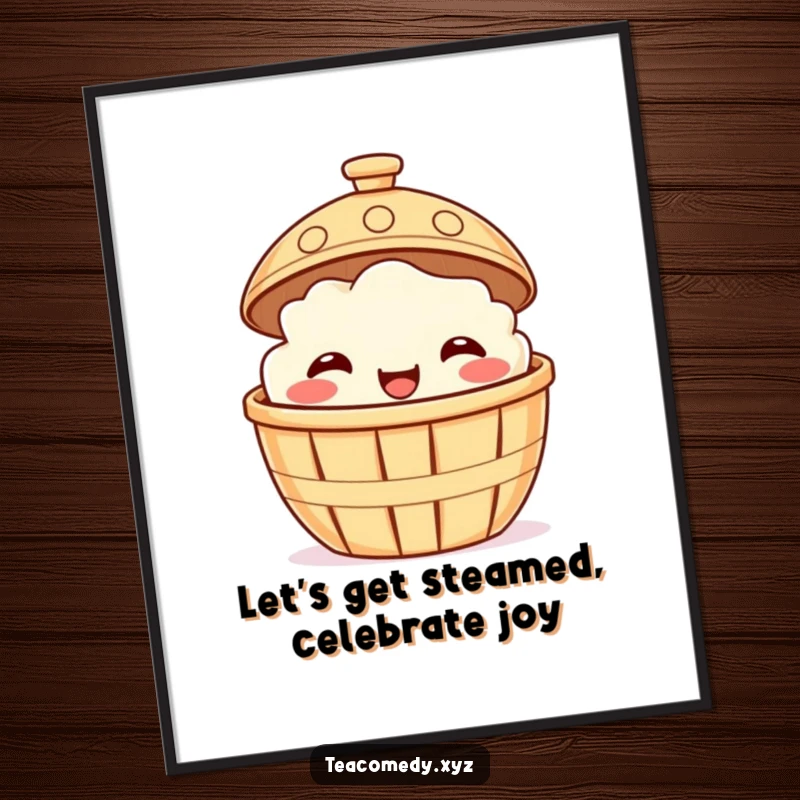 Funny Free Printable Wall Art of a smiling dim sum basket playfully peeking from under a steaming lid, a charming piece.