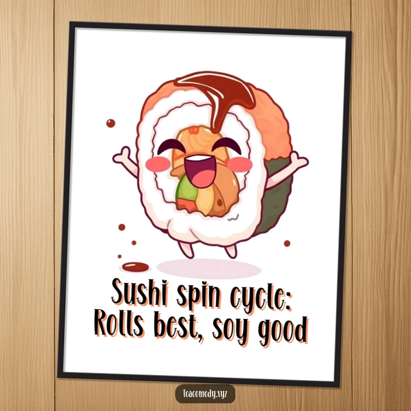 Funny Free Printable Wall Art: A giggling sushi roll character does a joyful spin, with a soy sauce drizzle accentuating its fun.