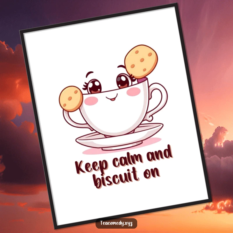 Funny Free Printable Wall Art: A wide-eyed teacup humorously balancing a biscuit on its rim.
