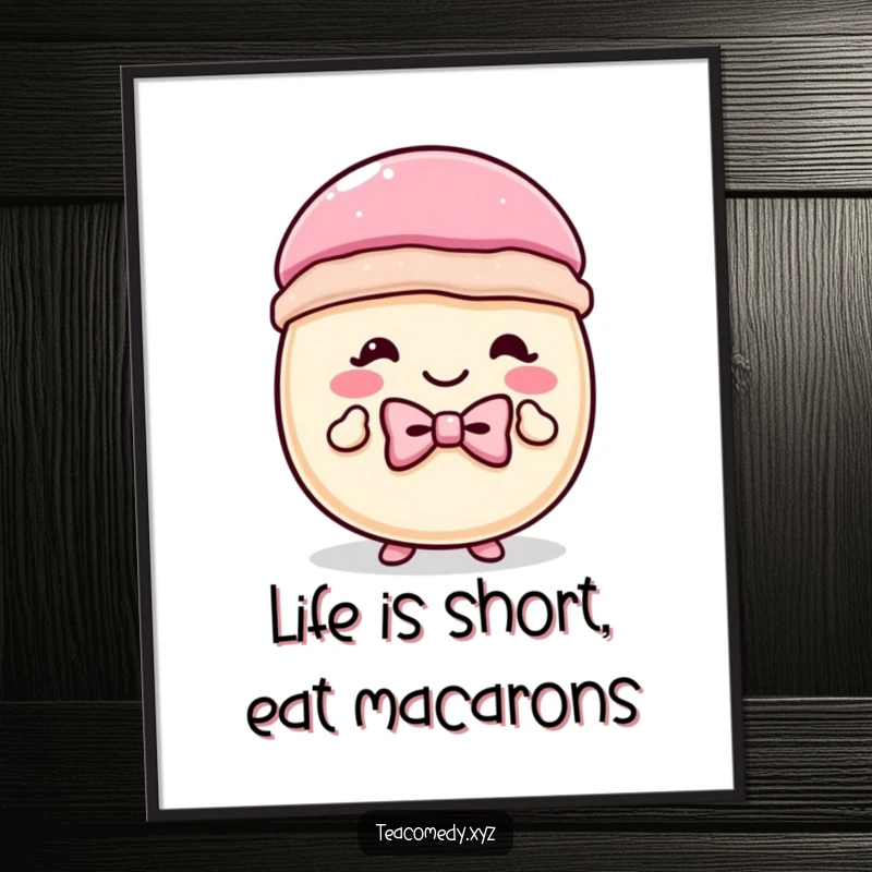 Funny Free Printable Wall Art: A happy macaron wearing a tiny bowtie, doing a polite curtsey.