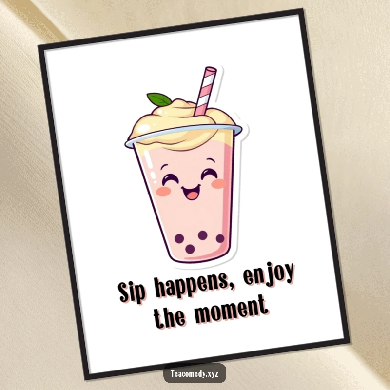 Funny Free Printable Wall Art of a happy boba tea cup with a straw wiggling with glee, a whimsical decor piece.