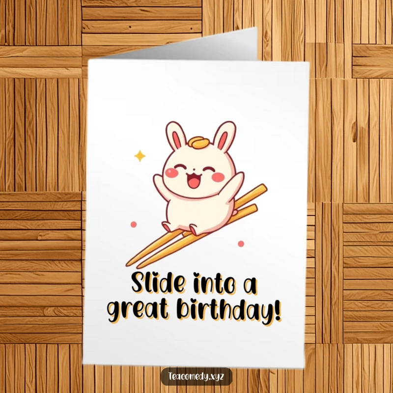 Funny Free Printable Birthday Card: Delighted bao bun character slides down a rainbow made of chopsticks, full of glee.