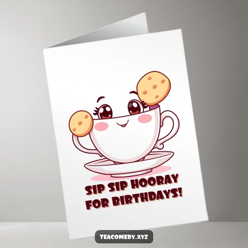 Funny Free Printable Birthday Card: A wide-eyed teacup precariously balancing a biscuit on its rim.