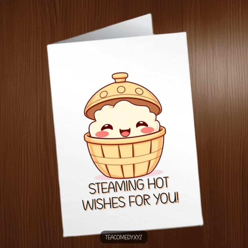 Funny Free Printable Birthday Card featuring a smiling dim sum basket playfully peeking from under a steaming lid.
