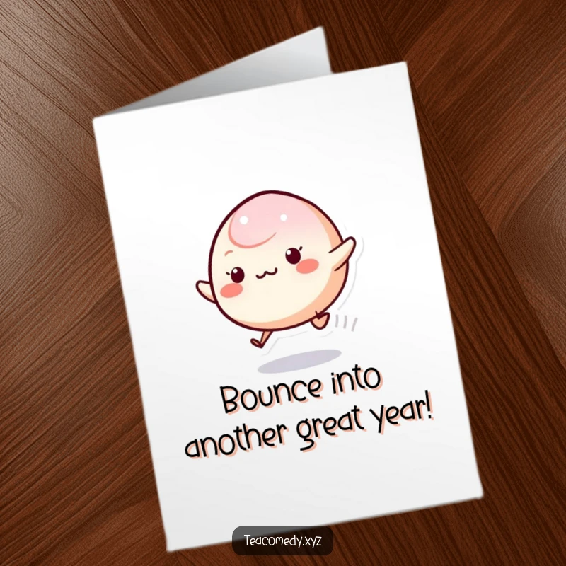 Funny Free Printable Birthday Card with a gleeful mochi character mid-bounce, leaving a joyful trail. Perfect for a funny downloadable gift.
