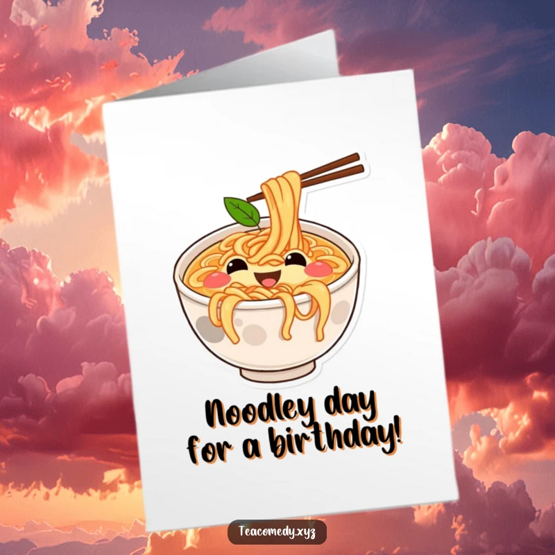 Funny Free Printable Birthday Card featuring a joyful ramen bowl with eyes and mouth, bouncing happily on springy noodles.