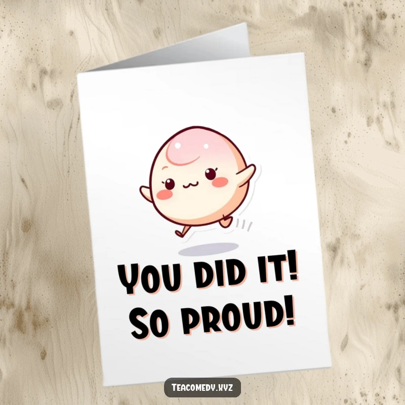 Funny Free Printable Congratulations Card featuring an energetic mochi character bouncing with pure excitement. A great downloadable art piece.
